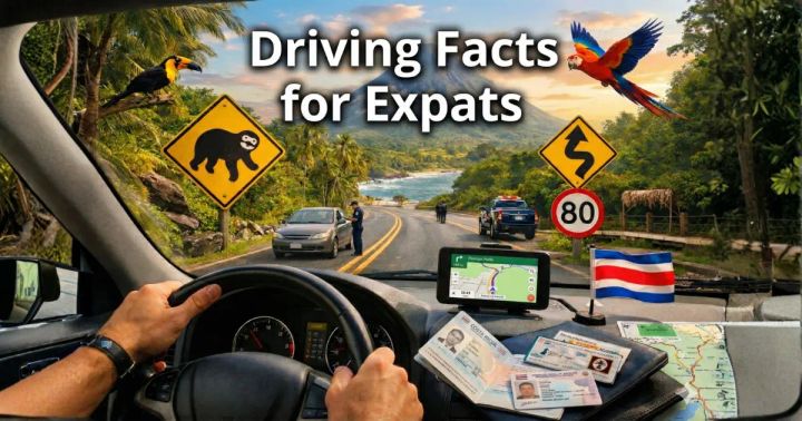 "Driving Facts for Expats" graphic featuring a Costa Rican road scene and travel documents.