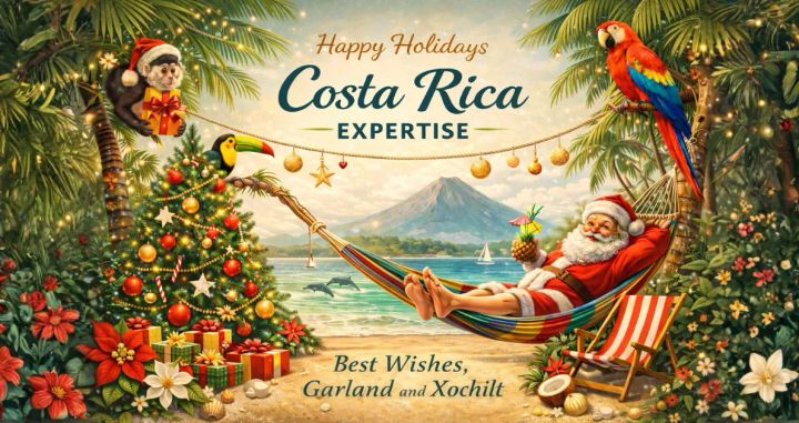 Tropical Christmas greeting from Costa Rica Expertise with Santa in a hammock, a decorated tree, parrots, and a beach volcano backdrop.