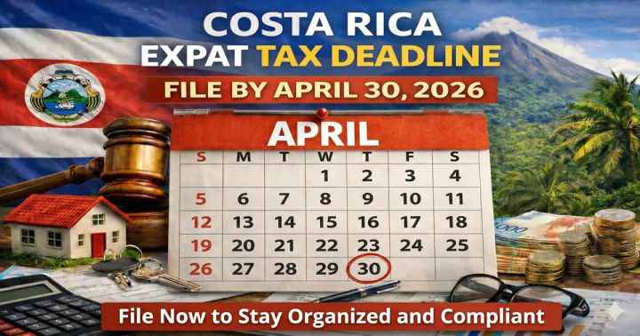 Costa Rica expat tax deadline graphic with April 30 circled on the calendar.