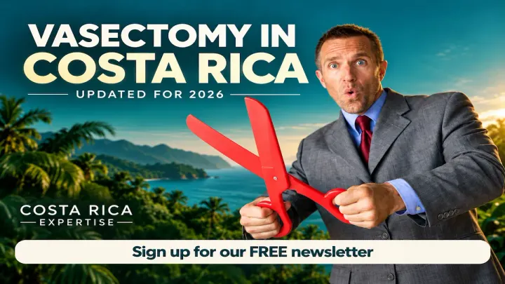 A surprised man holding giant red scissors for a Costa Rica vasectomy article.