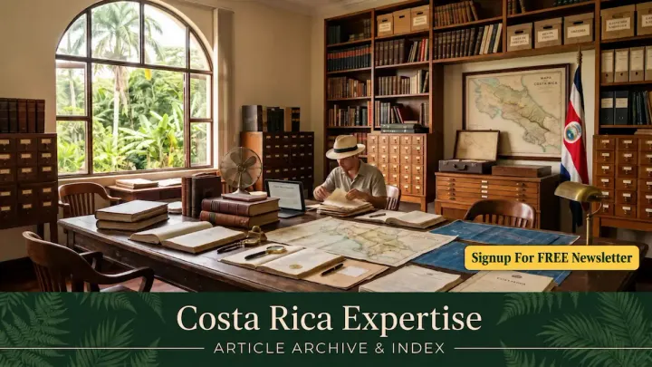 Costa Rican archive room with books, maps, and a researcher at a desk.