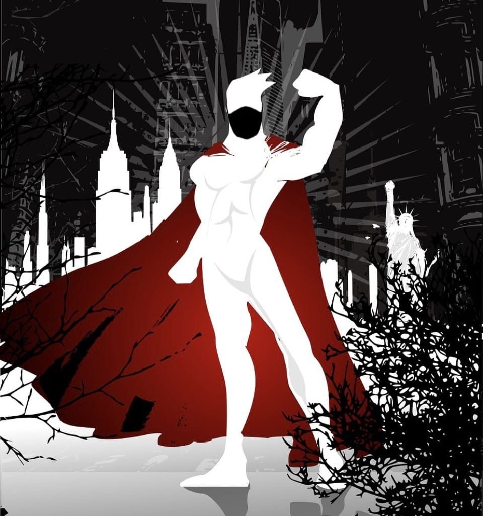Muscular supehero with blank white body, red cape, and black respiratory holds up a fist victoriously with a cityscape in the background.