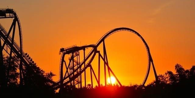 Roller coaster with sunset in background