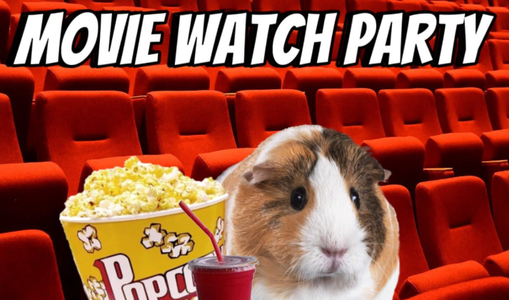 Movie Watch Party caption with picture of a guinea pig with popcorn and a soda sitting in an otherwise empty movie theatre