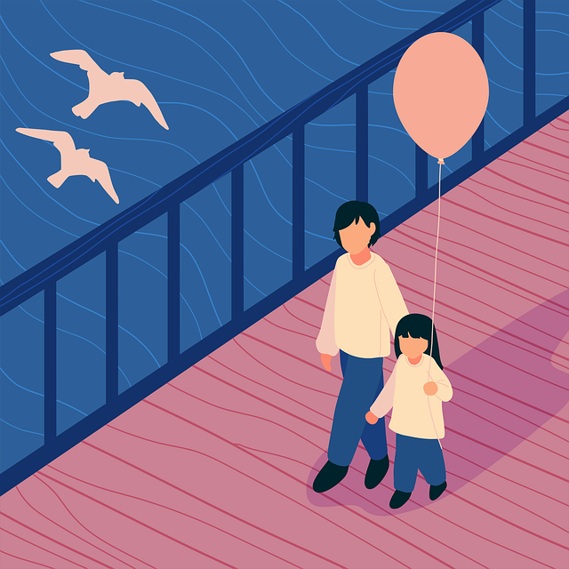 Cartoon adult walking next to a child dressed in same outfit over a bridge over water. Two birds flying overhead. 