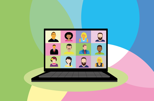 Cartoon image of a laptop with 16 diverse cartoon character participants onscreen in a videoconference meeting