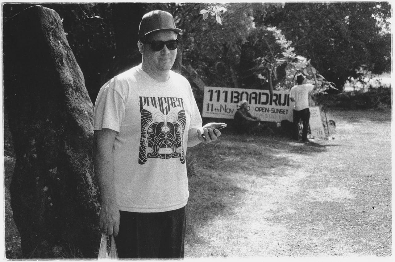 Tones McCall adorns the Pangaea shirt at the front of the Island Quarry Venue. Boredoms - Boadrum111 - Byron Bay November 2011
