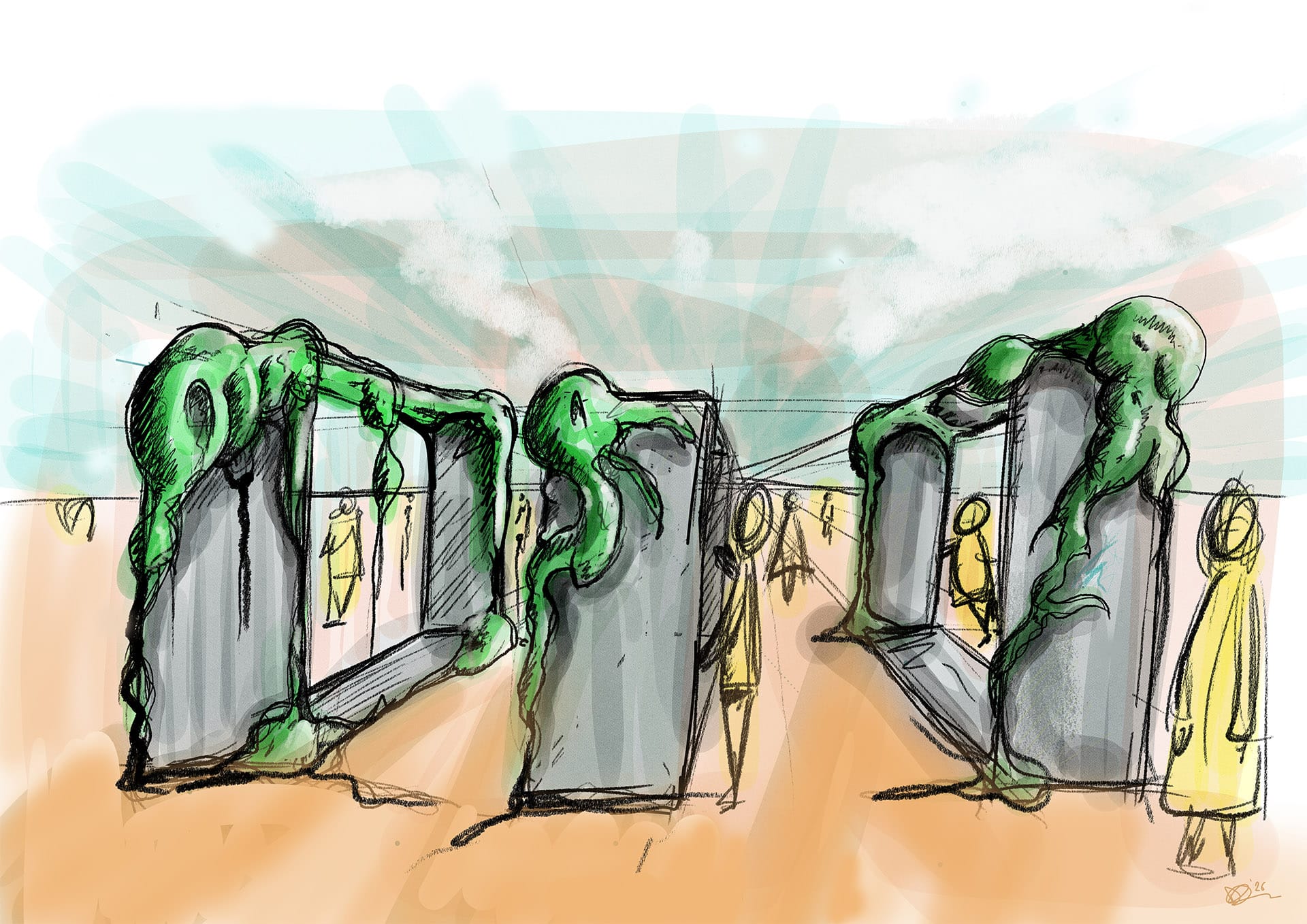 Drawing of 3 alien structures on a barren landscape with shapes of people for size comparison