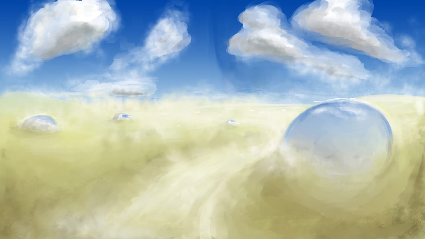 Reflective spheres sketched into a dusty desolate landscape