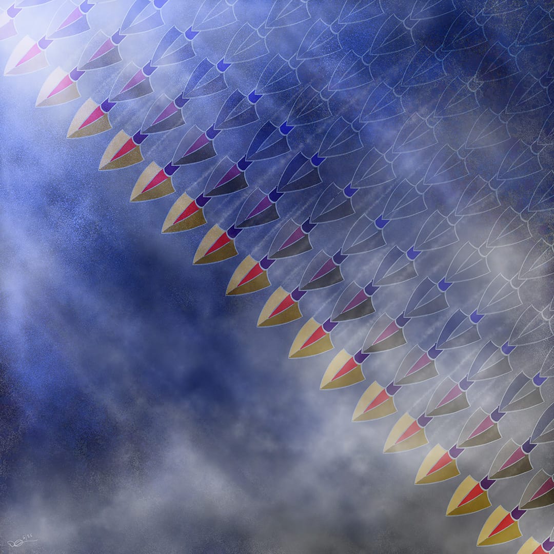 Somewhere deep in space they came, covering the sky like infinite rows of arrows falling from the sky. Artwork by Damien K Quick, May 2026.
