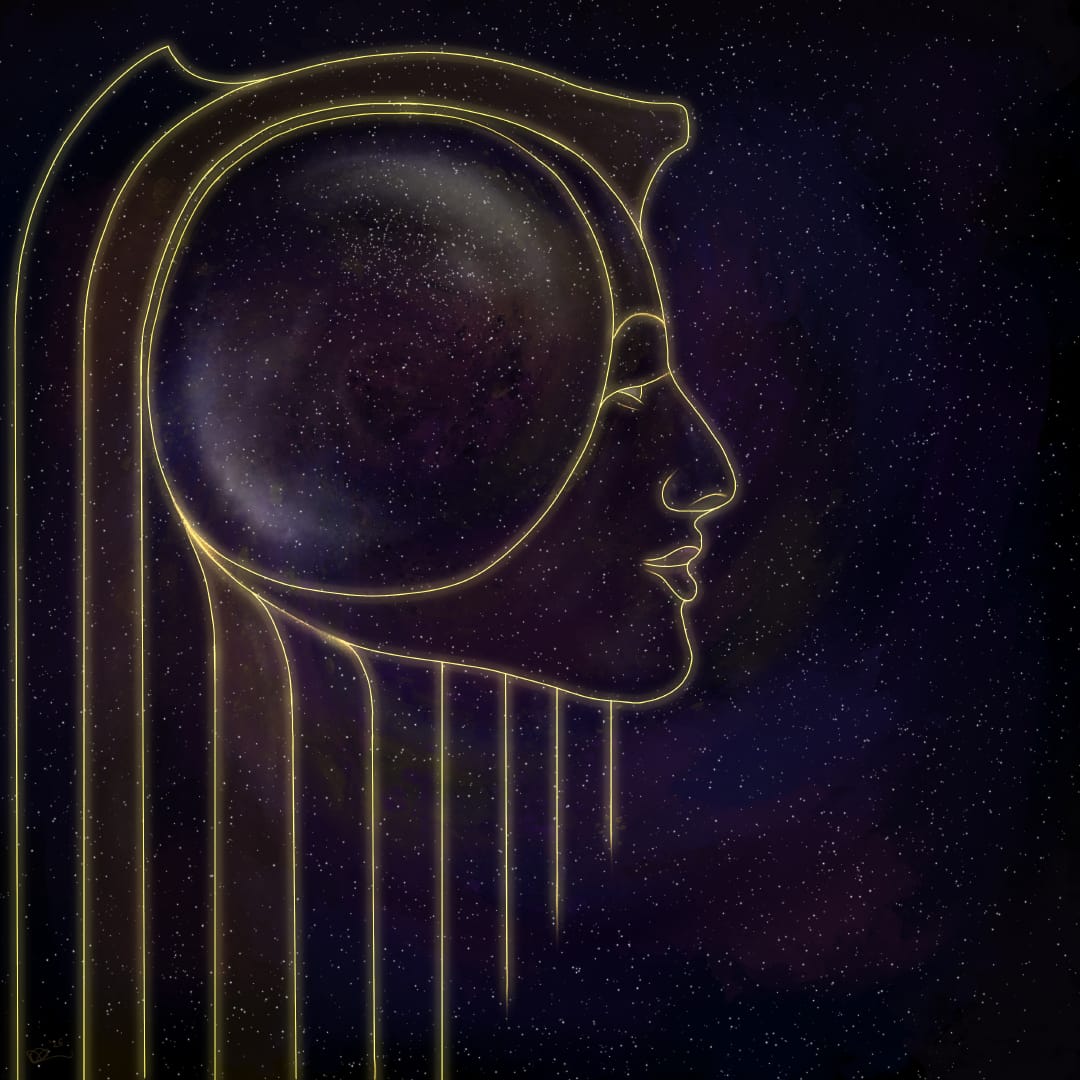 Glowing golden female profile superimposed over an unknown galaxy. Artwork by Damien K Quick.