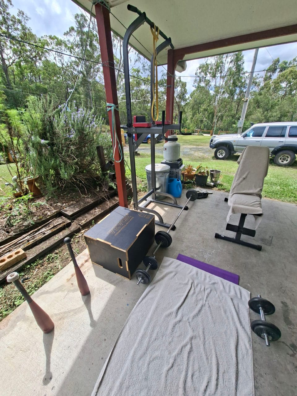 view of my home gym, clubbells, dumbbells, a plyo box, pullup bar and bench.