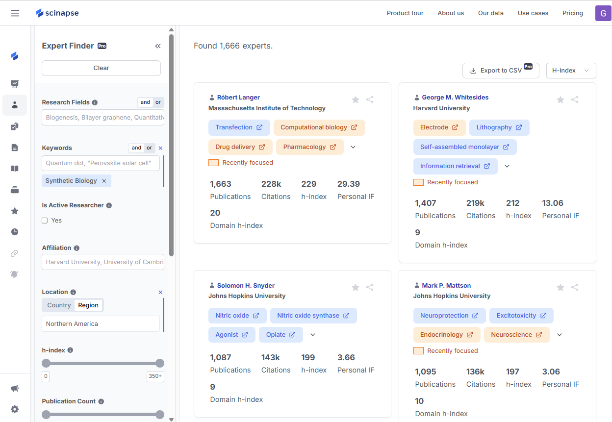 Expert Finder Results for Synthetic Biology from Scinapse 