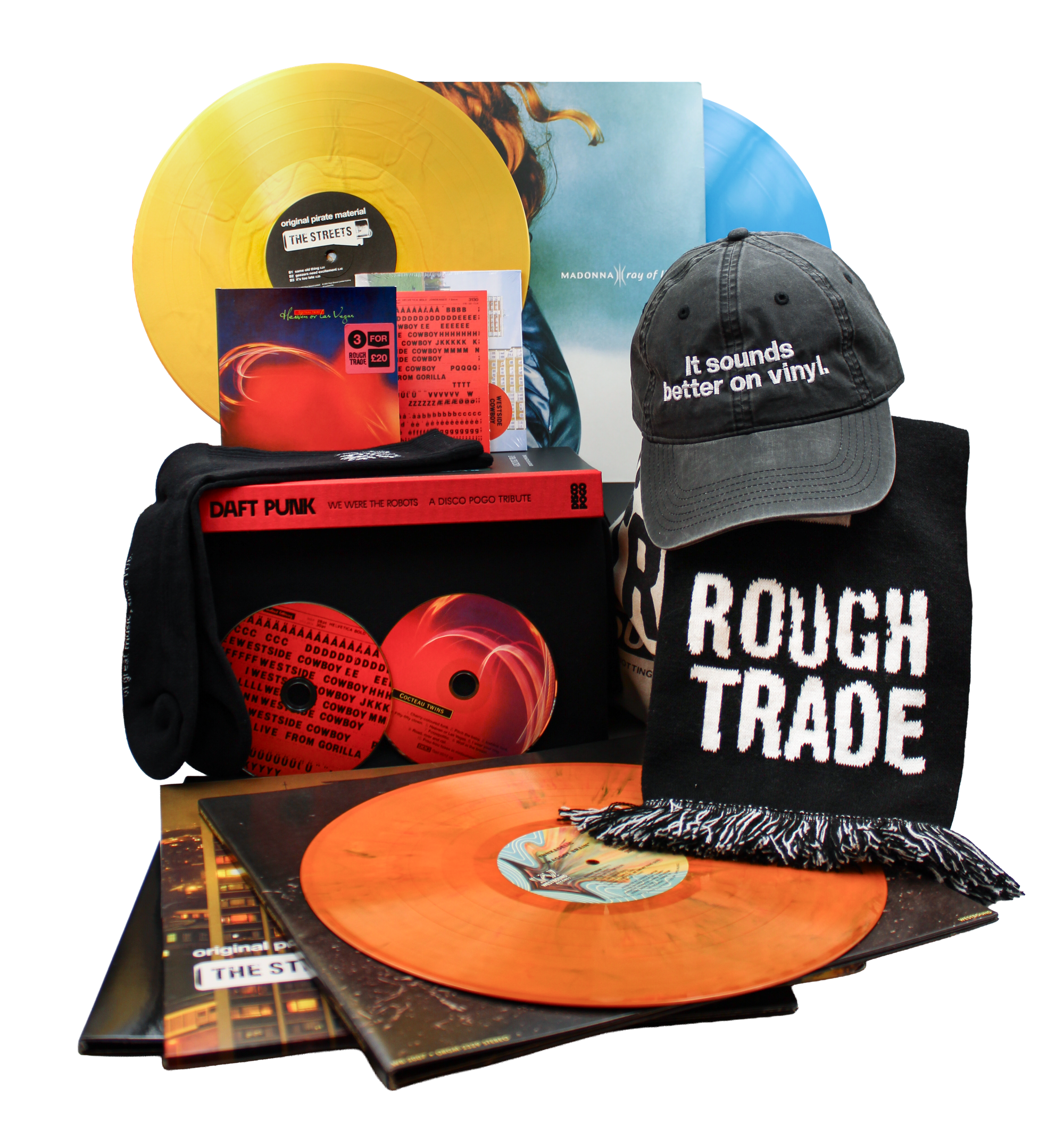 Vinyl, merch, books nand more, featured in the Rough Trade gift shop.