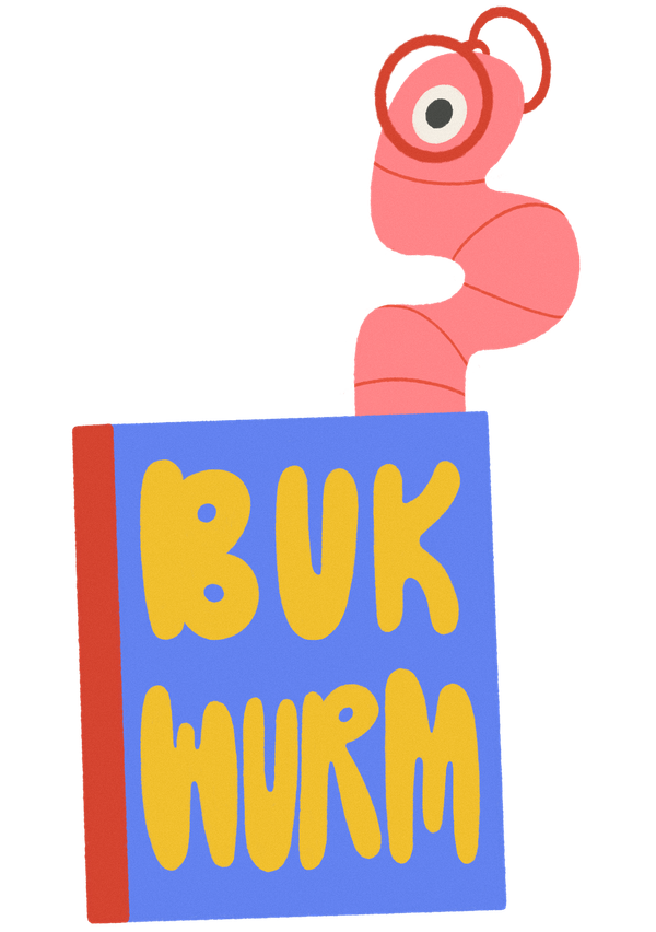 BUKWURM logo: Illustration. Worm with red glasses pokes out of a blue book that says "BUKWURM" in yellow letters.