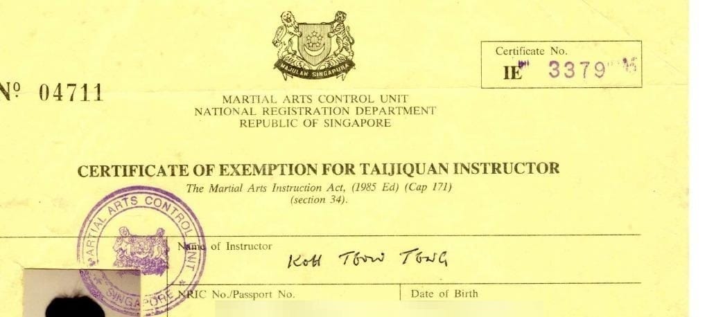 Privacy-safe excerpt from Dr. Colin Koh's 1996 Martial Arts Control Unit Taijiquan instructor certificate Privacy-safe excerpt from Dr. Colin Koh's 1996 Martial Arts Control Unit Taijiquan instructor certificate