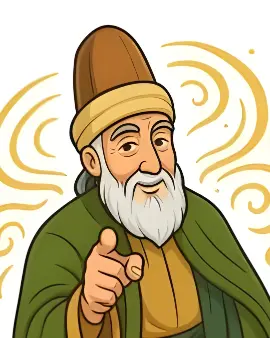 Mevlana Celaleddin-i Rumi illüstrasyonu çizgi film stilinde