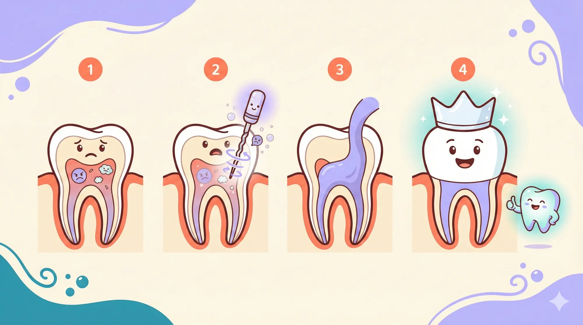 Kanal tedavisi adımlarını gösteren adım adım infografik