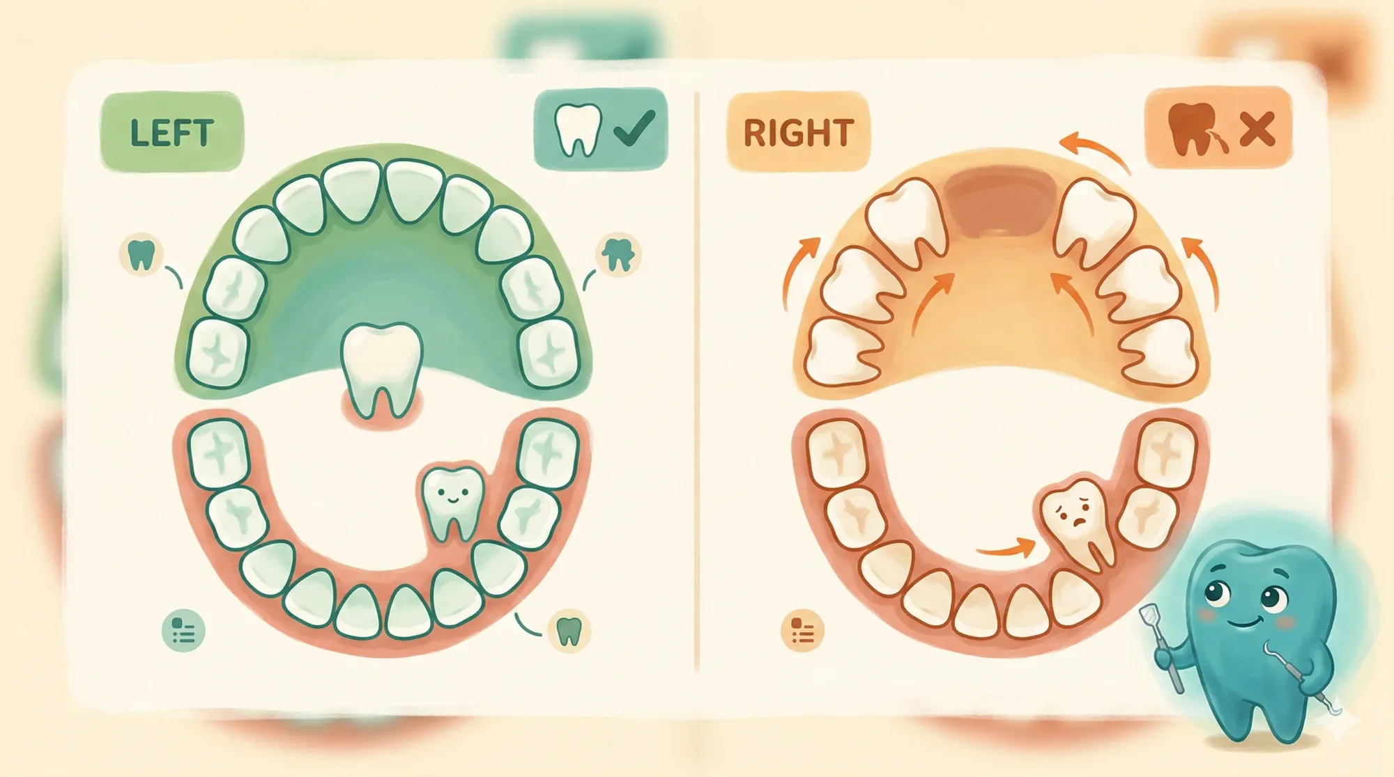 Süt dişi çekildikten sonra yer tutucu uygulaması — diş arkı diyagramı