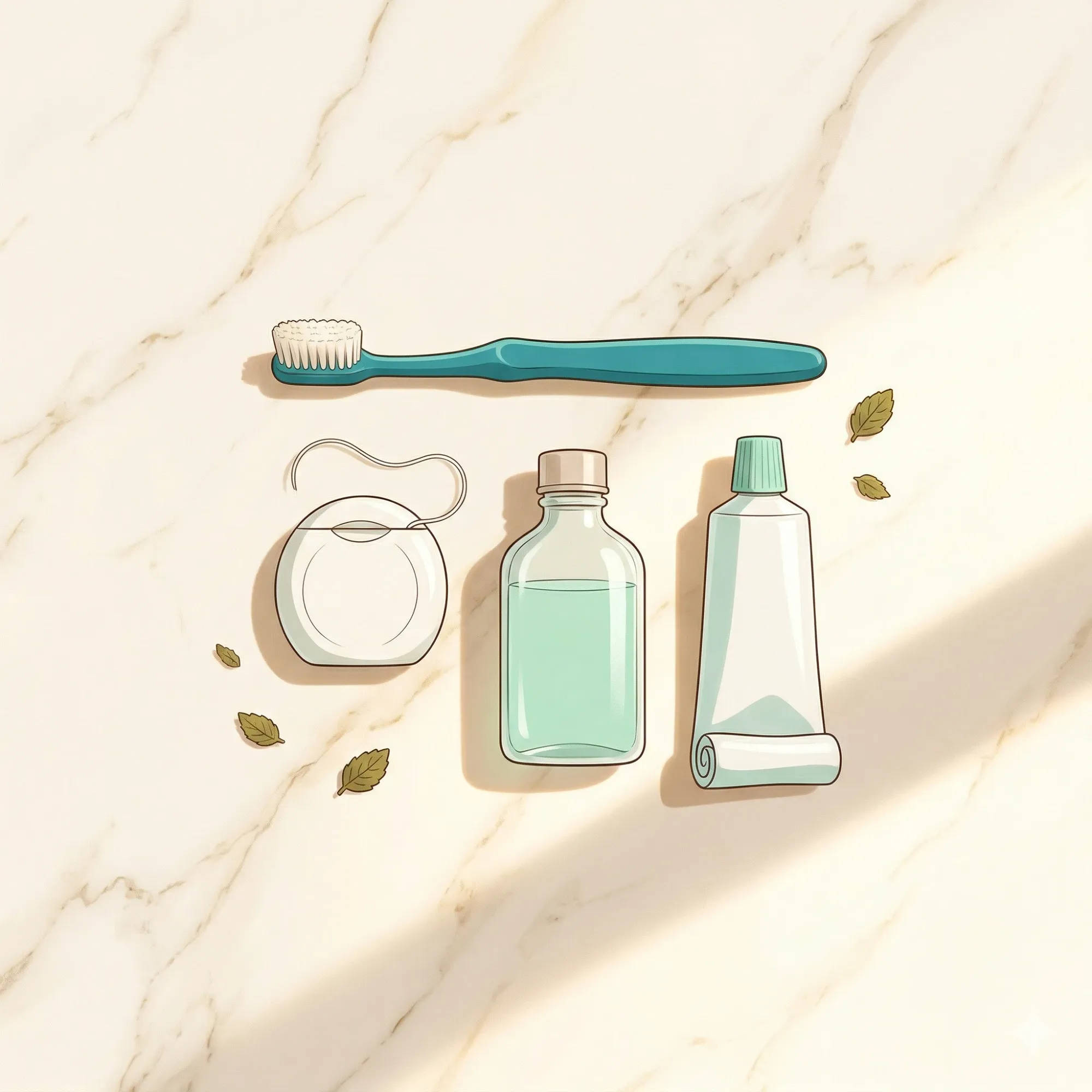 Diş eti sağlığı ev bakım ürünleri flatlay