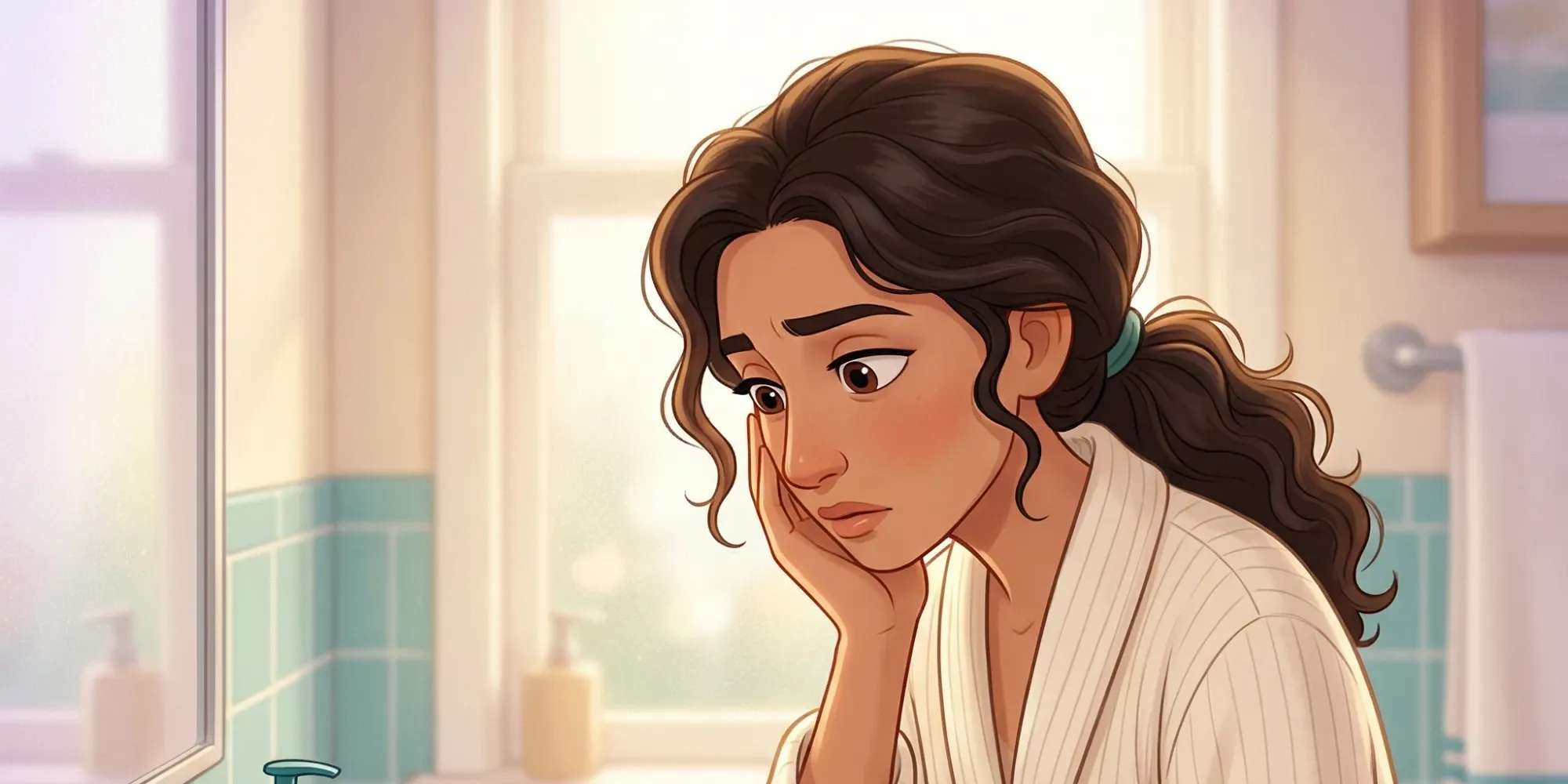 Diş eti kanaması — sabah lavaboda endişeli Türk kadın