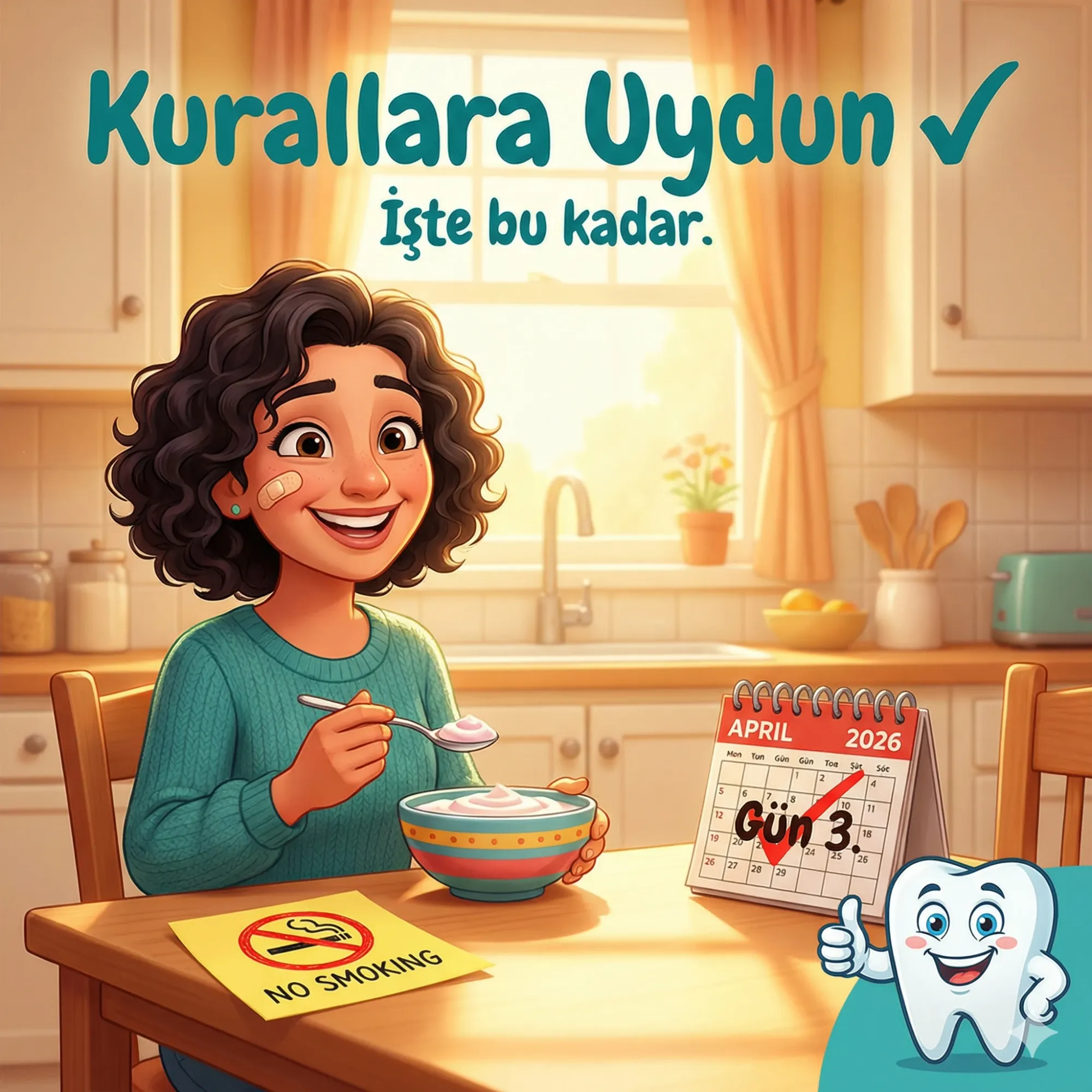 Diş çekimi sonrası kurallara uyarak iyileşen hasta — sigara içmeden başarılı iyileşme