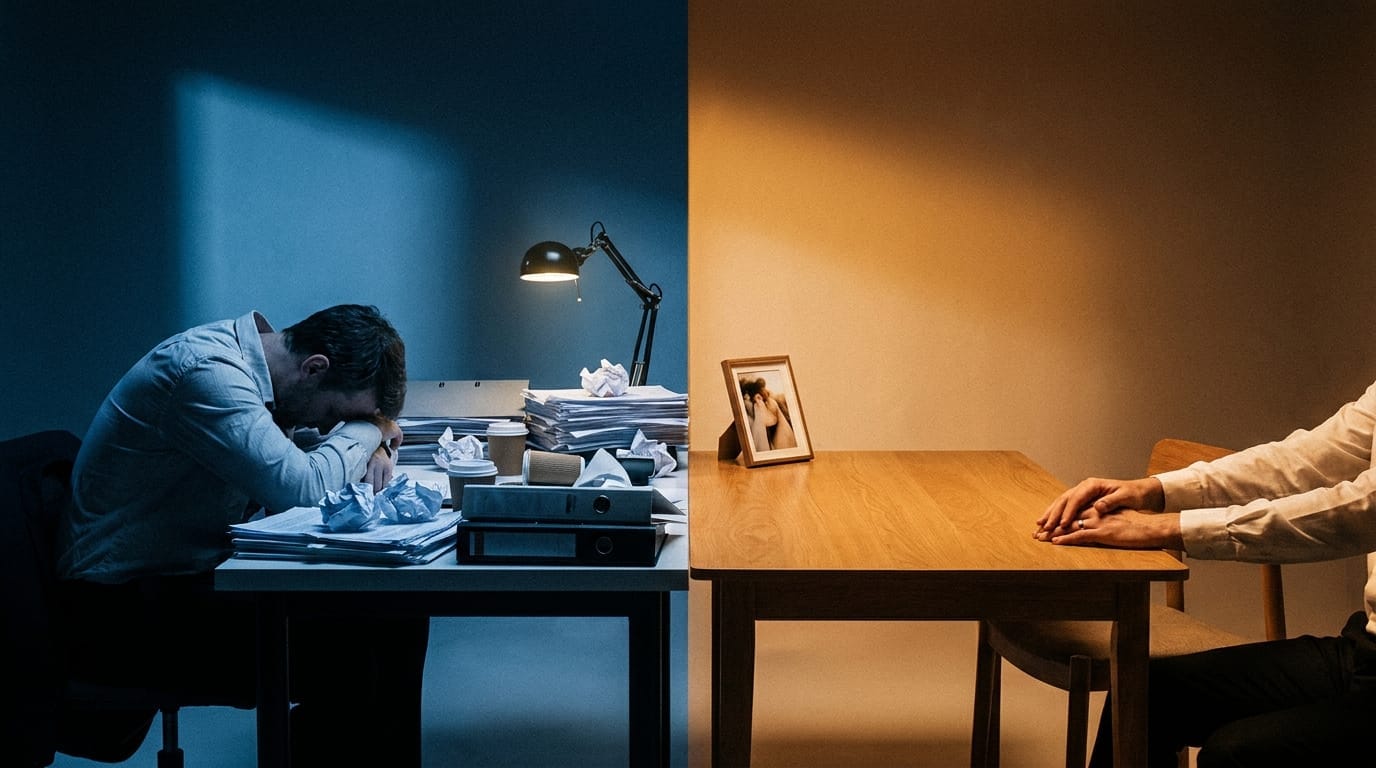 Man stressed at desk contrasted with warm intimate connection