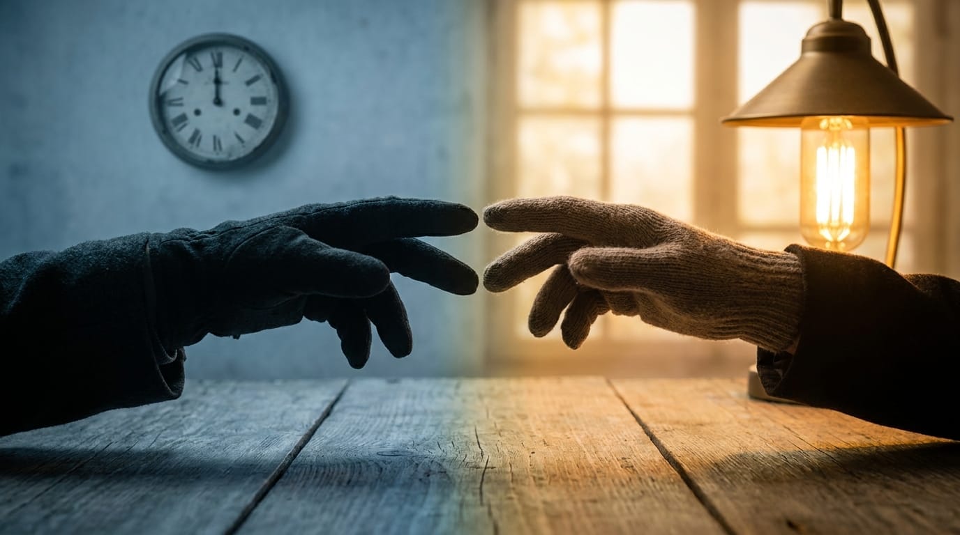 Two hands almost touching across a table in warm and cold light