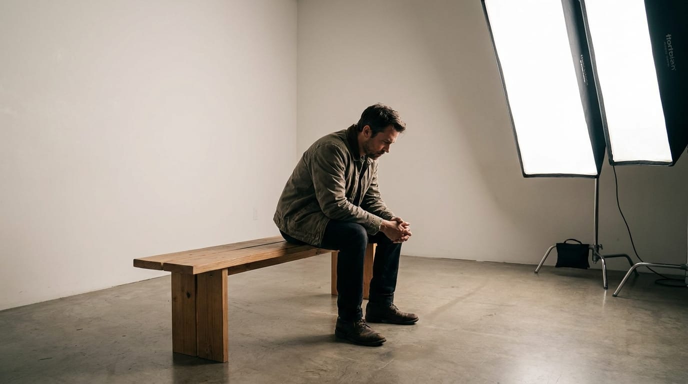 Man sitting alone in quiet room looking down