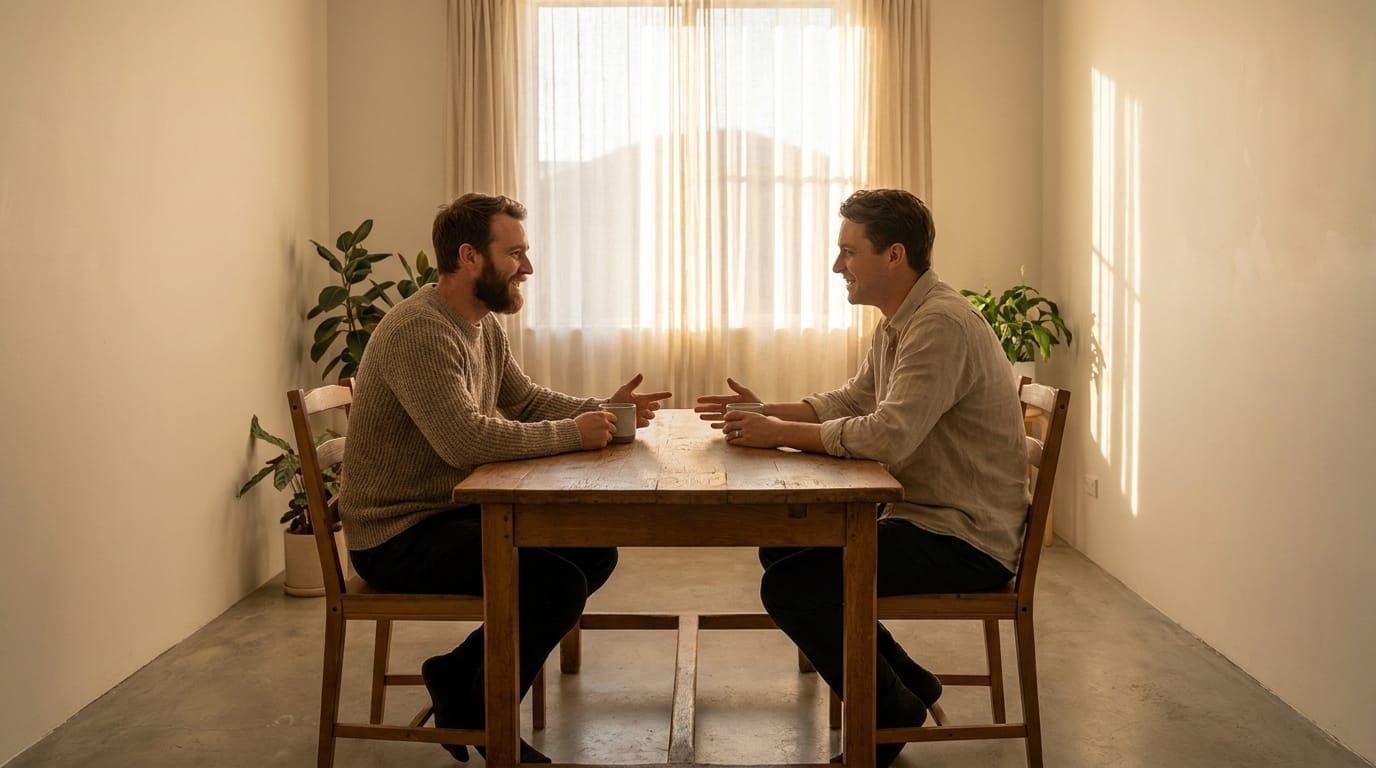 Two men having an honest conversation at a wooden table