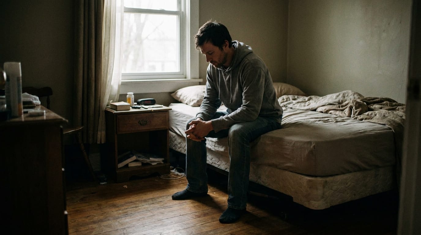 Man sitting alone on bed in dim bedroom looking reflective