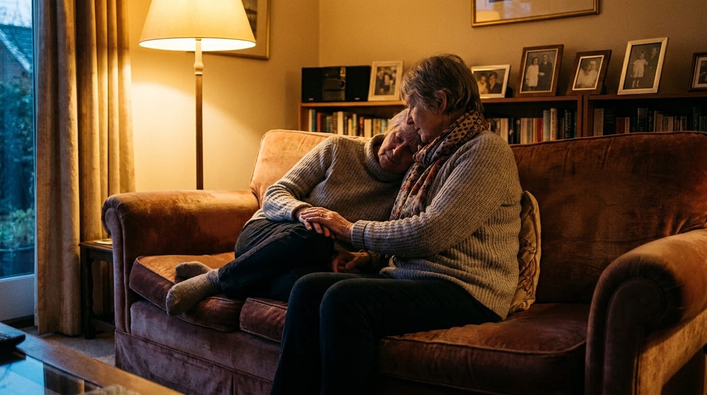 Couple sitting close together holding hands in warm light