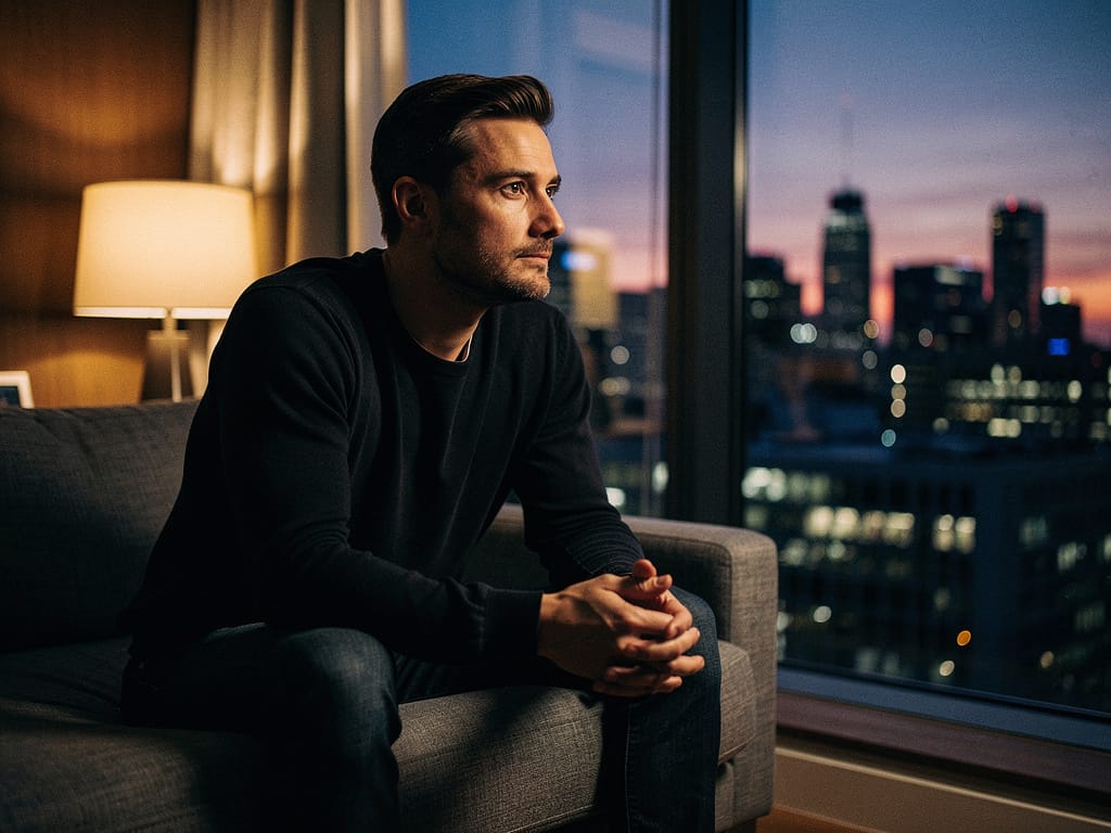 A man in a quiet room reflecting on his day.