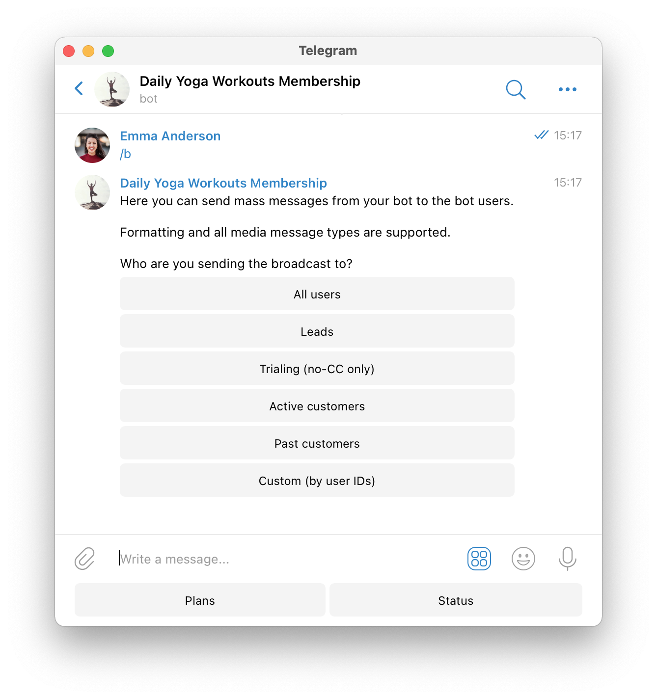 best way to do a broadcast in Telegram