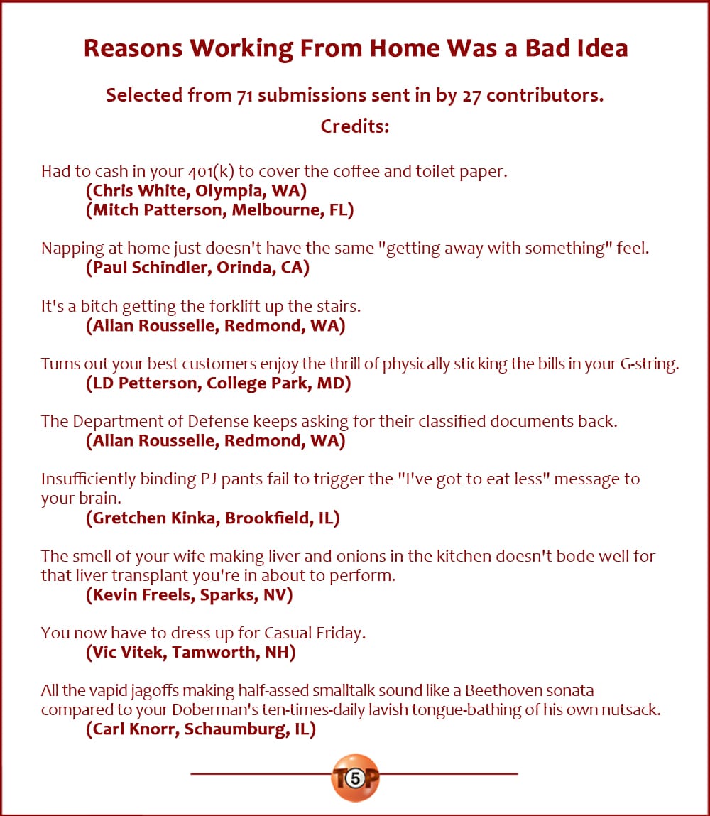 Reasons Working From Home Was a Bad Idea |  Selected from 71 submissions sent in by 27 contributors. Today's authors:   Had to cash in your 401(k) to cover the coffee and toilet paper. 	(Chris White, Olympia, WA) 	(Mitch Patterson, Melbourne, FL)  Napping at home just doesn't have the same "getting away with something" feel. 	(Paul Schindler, Orinda, CA)  It's a bitch getting the forklift up the stairs. 	(Allan Rousselle, Redmond, WA)  Turns out your best customers enjoy the thrill of physically sticking the bills in your G-string. 	(LD Petterson, College Park, MD)  The Department of Defense keeps asking for their classified documents back. 	(Allan Rousselle, Redmond, WA)  Insufficiently binding PJ pants fail to trigger the "I've got to eat less" message to your brain. 	(Gretchen Kinka, Brookfield, IL)  The smell of your wife making liver and onions in the kitchen doesn't bode well for that liver transplant you're in about to perform. 	(Kevin Freels, Sparks, NV)  You now have to dress up for Casual Friday. 	(Vic Vitek, Tamworth, NH)  All the vapid jagoffs making half-assed smalltalk sound like a Beethoven sonata compared to your Doberman's ten-times-daily lavish tongue-bathing of his own nutsack. 	(Carl Knorr, Schaumburg, IL)