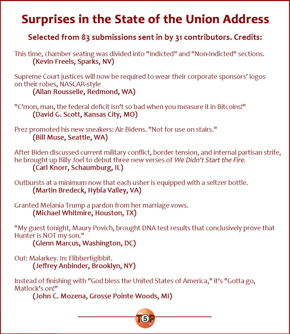 Surprises in the State of the Union Address |  Selected from 83 submissions sent in by 31 contributors. Writer credits:   This time, chamber seating was divided into "Indicted" and "Non-Indicted" sections. 	(Kevin Freels, Sparks, NV)  Supreme Court justices will now be required to wear their corporate sponsors’ logos on their robes, NASCAR-style 	(Allan Rousselle, Redmond, WA)  "C'mon, man, the federal deficit isn't so bad when you measure it in Bitcoins!" 	(David G. Scott, Kansas City, MO)  Prez promoted his new sneakers: Air Bidens. "Not for use on stairs." 	(Bill Muse, Seattle, WA)  After Biden discussed current military conflict, border tension, and internal partisan strife, he brought up Billy Joel to debut three new verses of We Didn't Start the Fire. 	(Carl Knorr, Schaumburg, IL)  Outbursts at a minimum now that each usher is equipped with a seltzer bottle. 	(Martin Bredeck, Hybla Valley, VA)  Granted Melania Trump a pardon from her marriage vows. 	(Michael Whitmire, Houston, TX)  "My guest tonight, Maury Povich, brought DNA test results that conclusively prove that Hunter is NOT my son." 	(Glenn Marcus, Washington, DC)  Out: Malarkey. In: Flibbertigibbit. 	(Jeffrey Anbinder, Brooklyn, NY)  Instead of finishing with "God bless the United States of America," it's "Gotta go, Matlock's on!" 	(John C. Mozena, Grosse Pointe Woods, MI)