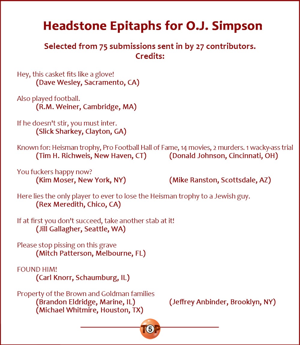 Headstone Epitaphs for O.J. Simpson   |   Selected from 75 submissions sent in by 27 contributors. Credits:   Hey, this casket fits like a glove! 	(Dave Wesley, Sacramento, CA)  Also played football. 	(R.M. Weiner, Cambridge, MA)  If he doesn't stir, you must inter. 	(Slick Sharkey, Clayton, GA)  Known for: Heisman trophy, Pro Football Hall of Fame, 14 movies, 2 murders, 1 wacky-ass trial 	(Tim H. Richweis, New Haven, CT) 	(Donald Johnson, Cincinnati, OH)  You fuckers happy now? 	(Kim Moser, New York, NY) 	(Mike Ranston, Scottsdale, AZ)  Here lies the only player to ever to lose the Heisman trophy to a Jewish guy. 	(Rex Meredith, Chico, CA)  If at first you don't succeed, take another stab at it! 	(Jill Gallagher, Seattle, WA)  Please stop pissing on this grave 	(Mitch Patterson, Melbourne, FL)  FOUND HIM! 	(Carl Knorr, Schaumburg, IL)  Property of the Brown and Goldman families 	(Brandon Eldridge, Marine, IL) 	(Jeffrey Anbinder, Brooklyn, NY) 	(Michael Whitmire, Houston, TX)