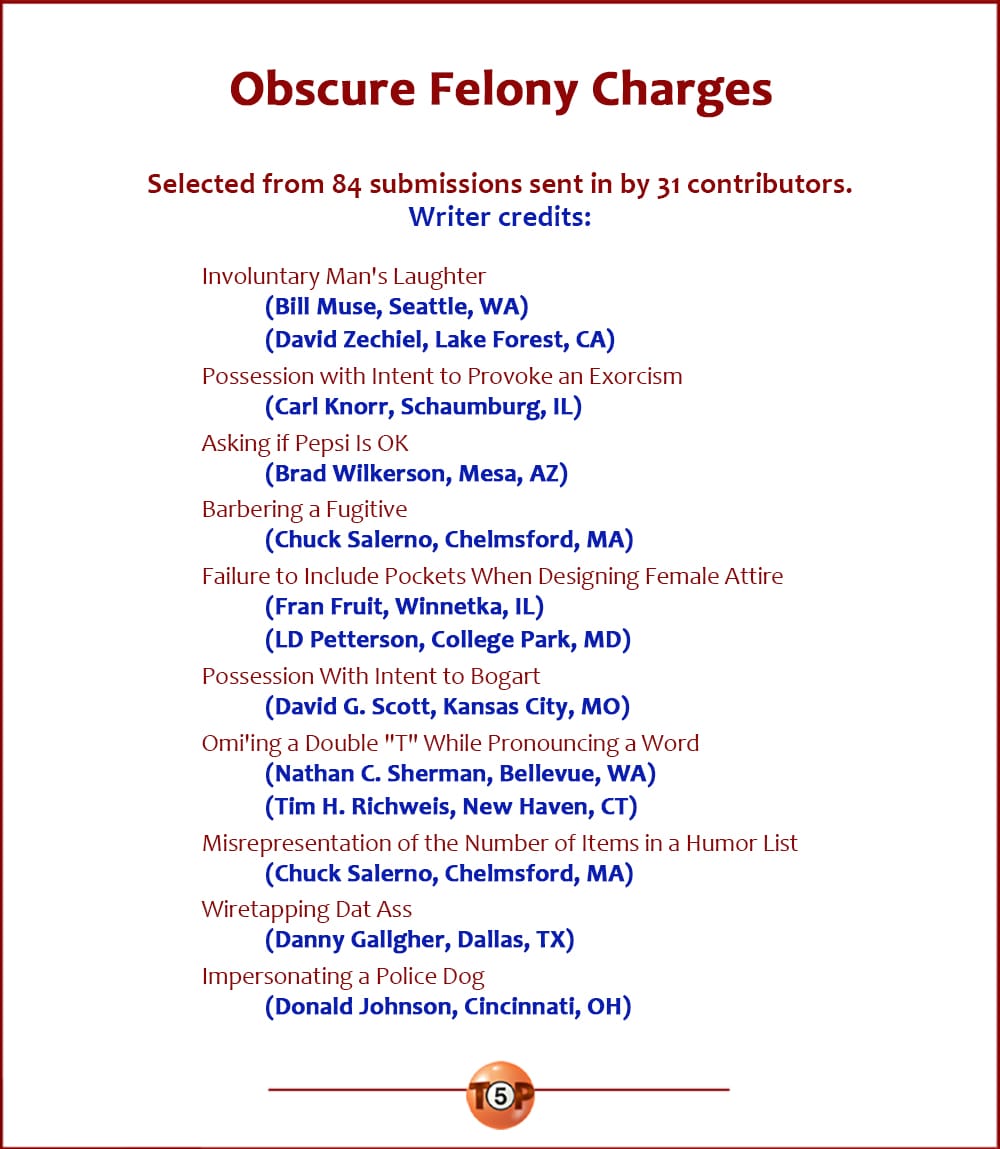 Writer credits for the Top 10 Obscure Felony Charges | Selected from 84 submissions sent in by 31 contributors.  Involuntary Man's Laughter 	(Bill Muse, Seattle, WA) 	(David Zechiel, Lake Forest, CA)  Possession with Intent to Provoke an Exorcism 	(Carl Knorr, Schaumburg, IL)  Asking If Pepsi is OK 	(Brad Wilkerson, Mesa, AZ)  Barbering a Fugitive 	(Chuck Salerno, Chelmsford, MA)  Failure to Include Pockets When Designing Female Attire 	(Fran Fruit, Winnetka, IL) 	(LD Petterson, College Park, MD)  Possession With Intent to Bogart 	(David G. Scott, Kansas City, MO)  Omi'ing a Double "T" While Pronouncing a Word 	(Nathan C. Sherman, Bellevue, WA) 	(Tim H. Richweis, New Haven, CT)  Misrepresentation of the Number of Items in a Humor List 	(Chuck Salerno, Chelmsford, MA)  Wiretapping Dat Ass 	(Danny Gallgher, Dallas, TX)  Impersonating a Police Dog 	(Donald Johnson, Cincinnati, OH)