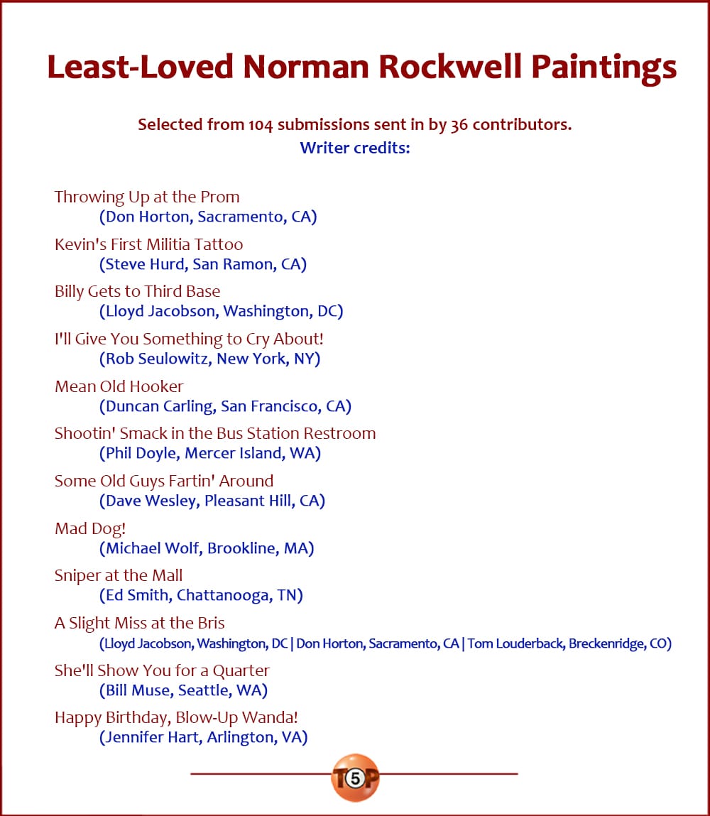 The Top 12 Least-Loved Norman Rockwell Paintings  |  Selected from 104 submissions from 36 contributors. Writer credits:   Throwing Up at the Prom 	(Don Horton, Sacramento, CA)  Kevin's First Militia Tattoo 	(Steve Hurd, San Ramon, CA)  Billy Gets to Third Base 	(Lloyd Jacobson, Washington, DC)  "I'll Give You Something to Cry About!" 	(Rob Seulowitz, New York, NY)  Mean Old Hooker 	(Duncan Carling, San Francisco, CA)  Shootin' Smack in the Bus Station Restroom 	(Phil Doyle, Mercer Island, WA)  Some Old Guys Fartin' Around 	(Dave Wesley, Pleasant Hill, CA)  Mad Dog! 	(Michael Wolf, Brookline, MA)  Sniper at the Mall 	(Ed Smith, Chattanooga, TN)  A Slight Miss at the Bris 	(Lloyd Jacobson, Washington, DC) 	(Don Horton, Sacramento, CA) 	(Tom Louderback, Breckenridge, CO)  She'll Show You for a Quarter 	(Bill Muse, Seattle, WA)  Happy Birthday, Blow-Up Wanda! 	(Jennifer Hart, Arlington, VA)