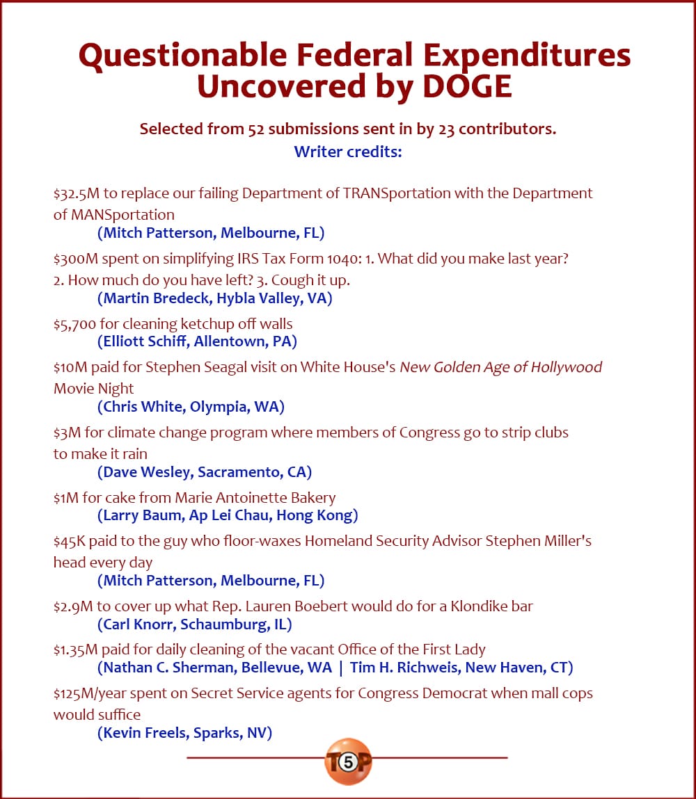 The Top 10 Questionable Federal Expenditures Uncovered by DOGE | Selected from 52 submissions sent in by 23 contributors.   $32.5M to replace our failing Department of TRANSportation with the Department of MANSportation 	(Mitch Patterson, Melbourne, FL)  $300M spent on simplifying IRS Tax Form 1040: 1. What did you make last year? 2. How much do you have left? 3. Cough it up. 	(Martin Bredeck, Hybla Valley, VA)  $5,700 for cleaning ketchup off walls 	(Elliott Schiff, Allentown, PA)  $10M paid for Stephen Seagal visit on White House's "New Golden Age of Hollywood" Movie Night 	(Chris White, Olympia, WA)  $3M for climate change program where members of Congress go to strip clubs to make it rain 	(Dave Wesley, Sacramento, CA)  $1M for cake from Marie Antoinette Bakery 	(Larry Baum, Ap Lei Chau, Hong Kong)  $45K paid to the guy who floor-waxes Homeland Security Advisor Stephen Miller's head every day 	(Mitch Patterson, Melbourne, FL)  $2.9M to cover up what Rep. Lauren Boebert would do for a Klondike bar 	(Carl Knorr, Schaumburg, IL)  $1.35M paid for daily cleaning of the vacant Office of the First Lady 	(Nathan C. Sherman, Bellevue, WA  |  Tim H. Richweis, New Haven, CT)  $125M/year spent on Secret Service agents for Congress Democrat when mall cops would suffice 	(Kevin Freels, Sparks, NV)