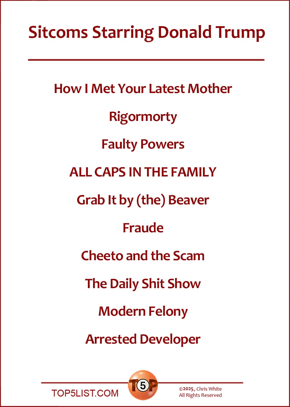 The Top 10 Sitcoms Starring Donald Trump  |  How I Met Your Latest Mother  Rigormorty  Faulty Powers  ALL CAPS IN THE FAMILY  Grab It by (the) Beaver  Fraude  Cheeto and the Scam  The Daily Shit Show  Modern Felony  Arrested Developer