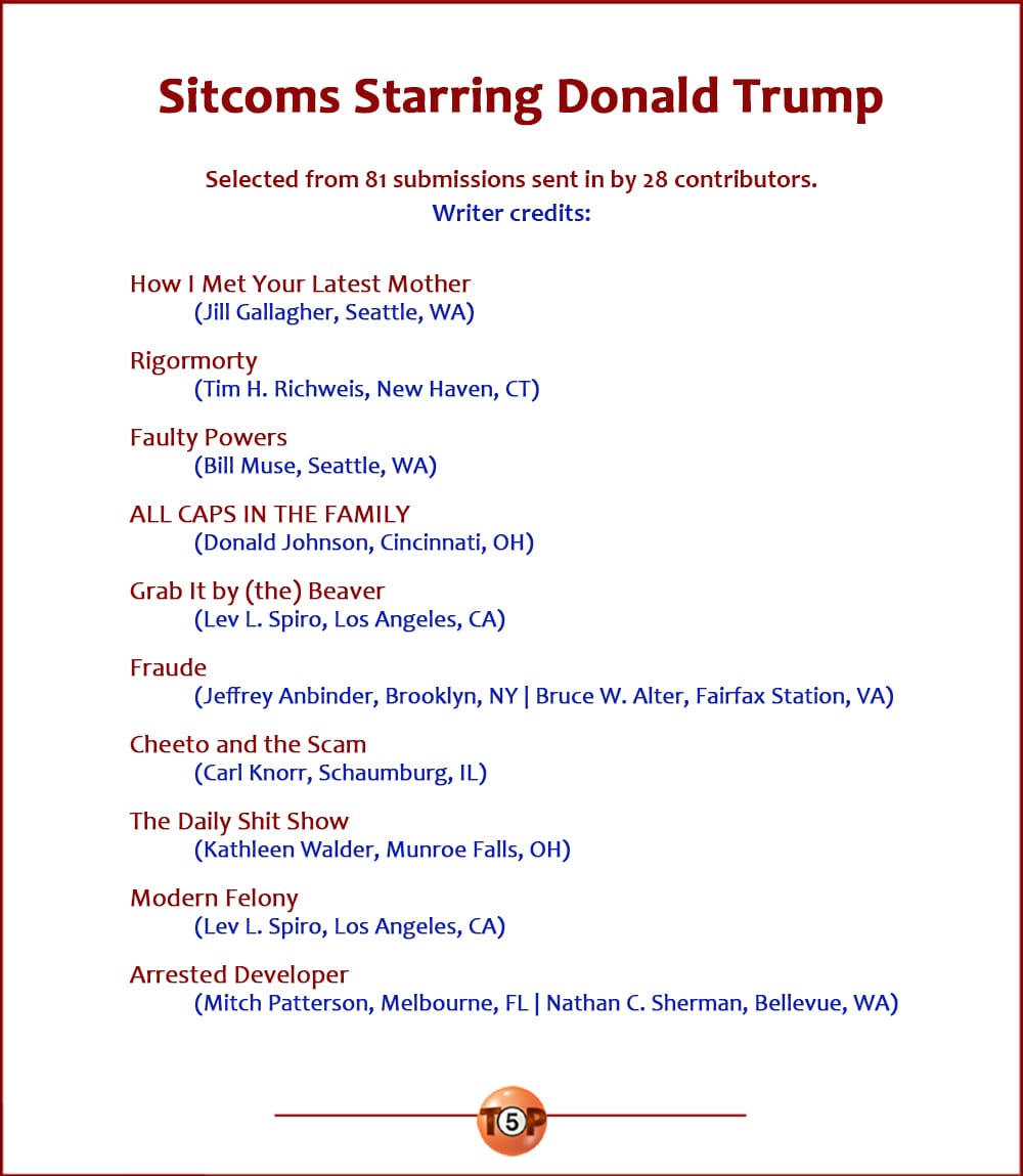 The Top 10 Sitcoms Starring Donald Trump |   Selected from 81 submissions sent in by 28 contributors. Writer credits:  How I Met Your Latest Mother 	(Jill Gallagher, Seattle, WA)  Rigormorty 	(Tim H. Richweis, New Haven, CT)  Faulty Powers 	(Bill Muse, Seattle, WA)  ALL CAPS IN THE FAMILY 	(Donald Johnson, Cincinnati, OH)  Grab It by (the) Beaver 	(Lev L. Spiro, Los Angeles, CA)  Fraude 	(Jeffrey Anbinder, Brooklyn, NY | Bruce W. Alter, Fairfax Station, VA)  Cheeto and the Scam 	(Carl Knorr, Schaumburg, IL)  The Daily Shit Show 	(Kathleen Walder, Munroe Falls, OH)  Modern Felony 	(Lev L. Spiro, Los Angeles, CA)  Arrested Developer 	(Mitch Patterson, Melbourne, FL | Nathan C. Sherman, Bellevue, WA)