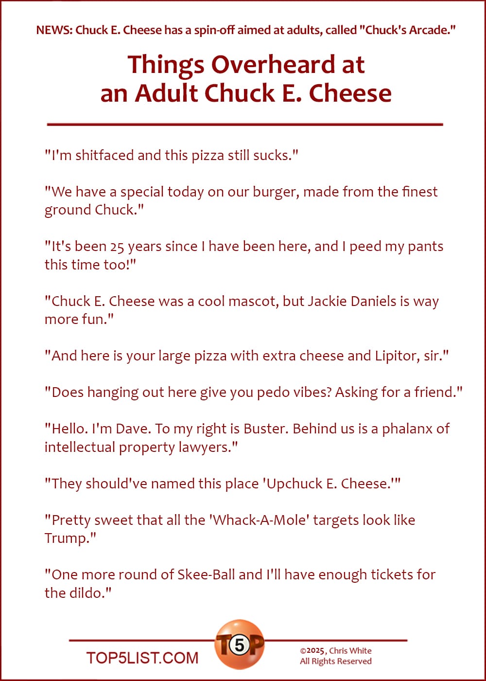 NEWS: Chuck E. Cheese has a spin-off aimed at adults, called "Chuck's Arcade."  The Top 10 Things Overheard at an Adult Chuck E. Cheese  |  "I'm shitfaced and this pizza still sucks."  "We have a special today on our burger, made from the finest ground Chuck."  "It's been 25 years since I have been here, and I peed my pants this time too!"  "Chuck E. Cheese was a cool mascot, but Jackie Daniels is way more fun."  "And here is your large pizza with extra cheese and Lipitor, sir."  "Does hanging out here give you pedo vibes? Asking for a friend."  "Hello. I'm Dave. To my right is Buster. Behind us is a phalanx of intellectual property lawyers."  "They should've named this place 'Upchuck E. Cheese.'"  "Pretty sweet that all the 'Whack-A-Mole' targets look like Trump."  "One more round of Skee-Ball and I'll have enough tickets for the dildo."