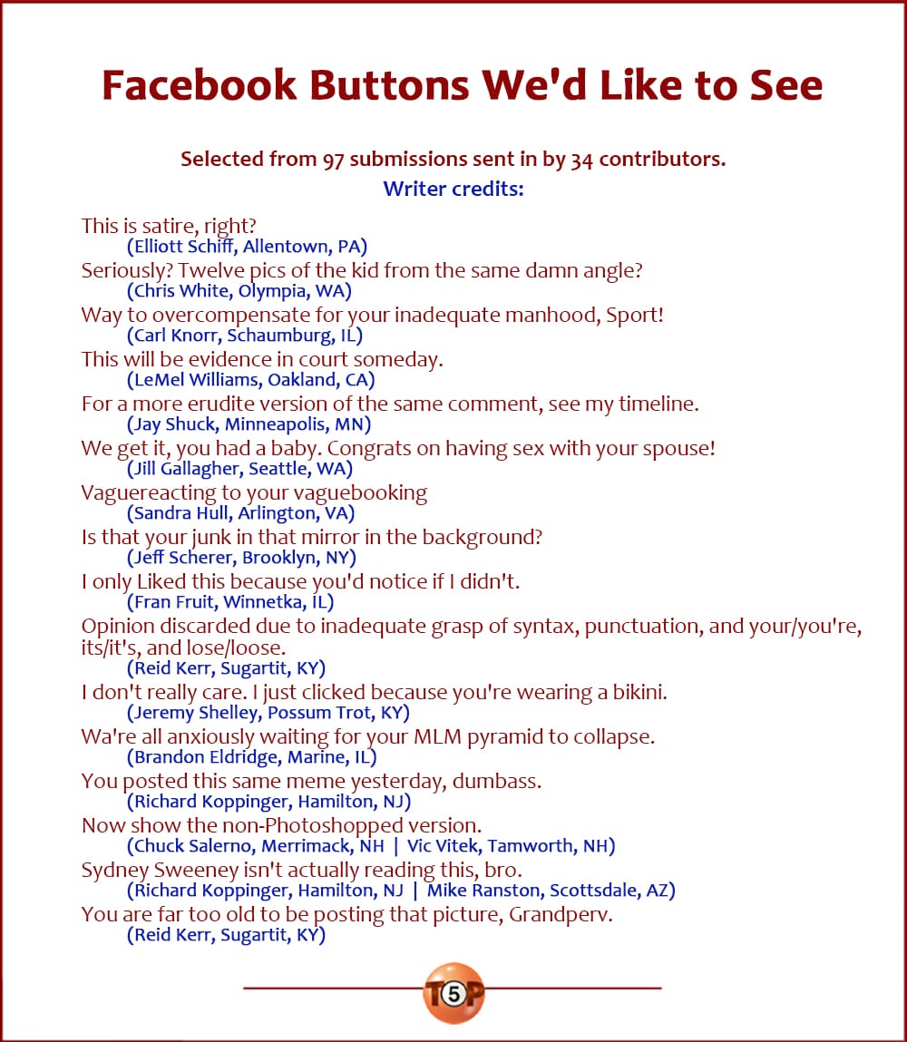 The Top 16 Facebook Buttons We'd Like to See   |   Selected from 97 submissions sent in by 34 contributors. Writer credits:  This is satire, right? 	(Elliott Schiff, Allentown, PA)  Seriously? Twelve pics of the kid from the same damn angle? 	(Chris White, Olympia, WA)  Way to overcompensate for your inadequate manhood, Sport! 	(Carl Knorr, Schaumburg, IL)  This will be evidence in court someday. 	(LeMel Williams, Oakland, CA)  For a more erudite version of the same comment, see my timeline. 	(Jay Shuck, Minneapolis, MN)  We get it, you had a baby. Congrats on having sex with your spouse! 	(Jill Gallagher, Seattle, WA)  Vaguereacting to your vaguebooking 	(Sandra Hull, Arlington, VA)  Is that your junk in that mirror in the background? 	(Jeff Scherer, Brooklyn, NY)  I only Liked this because you'd notice if I didn't. 	(Fran Fruit, Winnetka, IL)  Opinion discarded due to inadequate grasp of syntax, punctuation, and your/you're, its/it's, and lose/loose. 	(Reid Kerr, Sugartit, KY)  I don't really care. I just clicked because you're wearing a bikini. 	(Jeremy Shelley, Possum Trot, KY)  Wa're all anxiously waiting for your MLM pyramid to collapse. 	(Brandon Eldridge, Marine, IL)  You posted this same meme yesterday, dumbass. 	(Richard Koppinger, Hamilton, NJ)  Now show the non-Photoshopped version. 	(Chuck Salerno, Merrimack, NH  |  Vic Vitek, Tamworth, NH)  Sydney Sweeney isn't actually reading this, bro. 	(Richard Koppinger, Hamilton, NJ  |  Mike Ranston, Scottsdale, AZ)  You are far too old to be posting that picture, Grandperv. 	(Reid Kerr, Sugartit, KY)