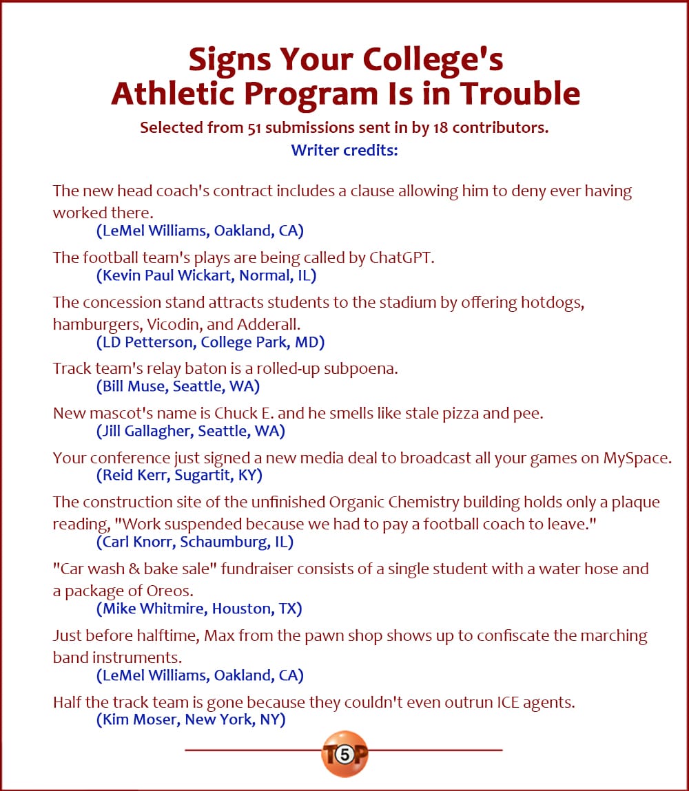 The Top 10 Signs Your College's Athletic Program Is in Trouble   |   Selected from 51 submissions sent in by 18 contributors. Writer credits:  The new head coach's contract includes a clause allowing him to deny ever having worked there. 	(LeMel Williams, Oakland, CA)  The football team's plays are being called by ChatGPT. 	(Kevin Paul Wickart, Normal, IL)  The concession stand attracts students to the stadium by offering hotdogs, hamburgers, Vicodin, and Adderall. 	(LD Petterson, College Park, MD)  Track team's relay baton is a rolled-up subpoena. 	(Bill Muse, Seattle, WA)  New mascot's name is Chuck E. and he smells like stale pizza and pee. 	(Jill Gallagher, Seattle, WA)  Your conference just signed a new media deal to broadcast all your games on MySpace. 	(Reid Kerr, Sugartit, KY)  The construction site of the unfinished Organic Chemistry building holds only a plaque reading, "Work suspended because we had to pay a football coach to leave." 	(Carl Knorr, Schaumburg, IL)  "Car wash & bake sale" fundraiser consists of a single student with a water hose and a package of Oreos. 	(Mike Whitmire, Houston, TX)  Just before halftime, Max from the pawn shop shows up to confiscate the marching band instruments. 	(LeMel Williams, Oakland, CA)  Half the track team is gone because they couldn't even outrun ICE agents. 	(Kim Moser, New York, NY)