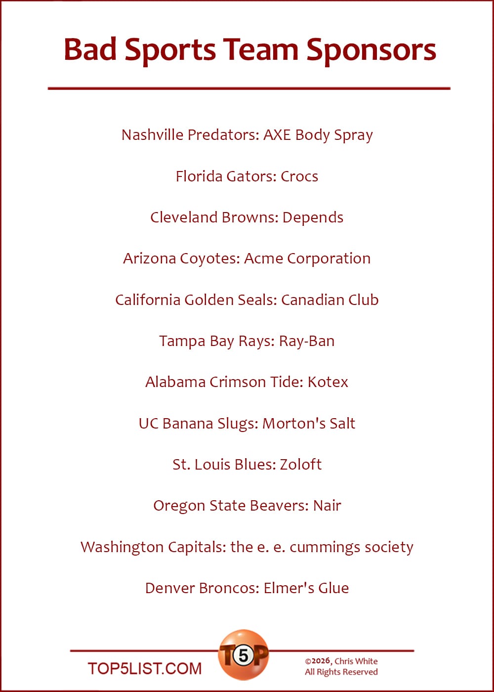 The Top 12 Bad Sports Team Sponsors  |   Nashville Predators: AXE Body Spray  Florida Gators: Crocs  Cleveland Browns: Depends  Arizona Coyotes: Acme Corporation  California Golden Seals: Canadian Club  Tampa Bay Rays: Ray-Ban  Alabama Crimson Tide: Kotex  UC Banana Slugs: Morton's Salt  St. Louis Blues: Zoloft  Oregon State Beavers: Nair  Washington Capitals: the e. e. cummings society  Denver Broncos: Elmer's Glue