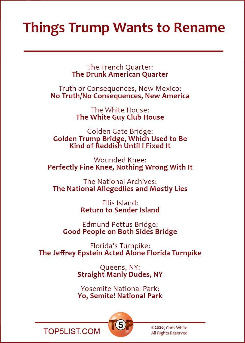 The Top 11 Things Trump Wants to Rename   |   The French Quarter: The Drunk American Quarter  Truth or Consequences, New Mexico: No Truth/No Consequences, New America  The White House: The White Guy Club House  Golden Gate Bridge: Golden Trump Bridge, Which Used to Be Kind of Reddish Until I Fixed It  Wounded Knee: Perfectly Fine Knee  The National Archives: The National Allegedlies and Mostly Lies  Ellis Island: Return to Sender Island  Edmund Pettus Bridge: Good People on Both Sides Bridge  Florida’s Turnpike: The Jeffrey Epstein Acted Alone Florida Turnpike  Queens, NY: Straight Manly Dudes, NY  Yosemite National Park: Yo, Semite! National Park