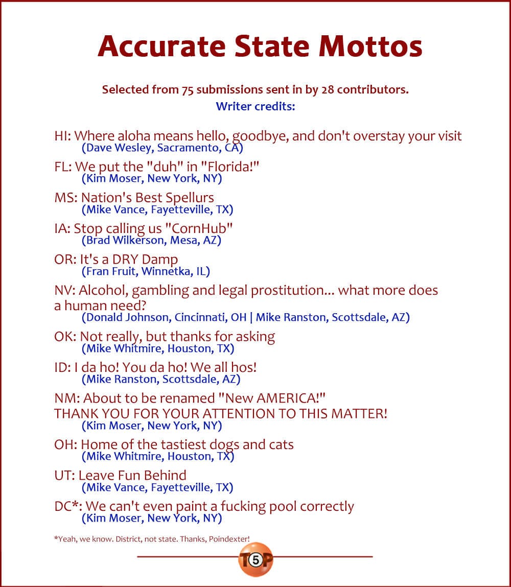 The Top 12 Accurate State Mottos   |   Selected from 75 submissions sent in by 28 contributors. Writer credits:   HA: Where aloha means hello, goodbye, and don't overstay your visit 	(Dave Wesley, Sacramento, CA)  FL: We put the "duh" in "Florida!" 	(Kim Moser, New York, NY)  MS: Nation's Best Spellurs 	(Mike Vance, Fayetteville, TX)  IA: Stop calling us "CornHub" 	(Brad Wilkerson, Mesa, AZ)  OR: It's a DRY Damp 	(Fran Fruit, Winnetka, IL)  NV: Alcohol, gambling and legal prostitution... what more does a human need? 	(Donald Johnson, Cincinnati, OH | Mike Ranston, Scottsdale, AZ)  OK: Not really, but thanks for asking 	(Mike Whitmire, Houston, TX)  ID: I da ho! You da ho! We all hos! 	(Mike Ranston, Scottsdale, AZ) 	 NM: About to be renamed "New AMERICA!" THANK YOU FOR YOUR ATTENTION TO THIS MATTER! 	(Kim Moser, New York, NY)  OH: Home of the tastiest dogs and cats 	(Mike Whitmire, Houston, TX)  UT: Leave Fun Behind 	(Mike Vance, Fayetteville, TX)  DC: We can't even paint a fucking pool correctly 	(Kim Moser, New York, NY)