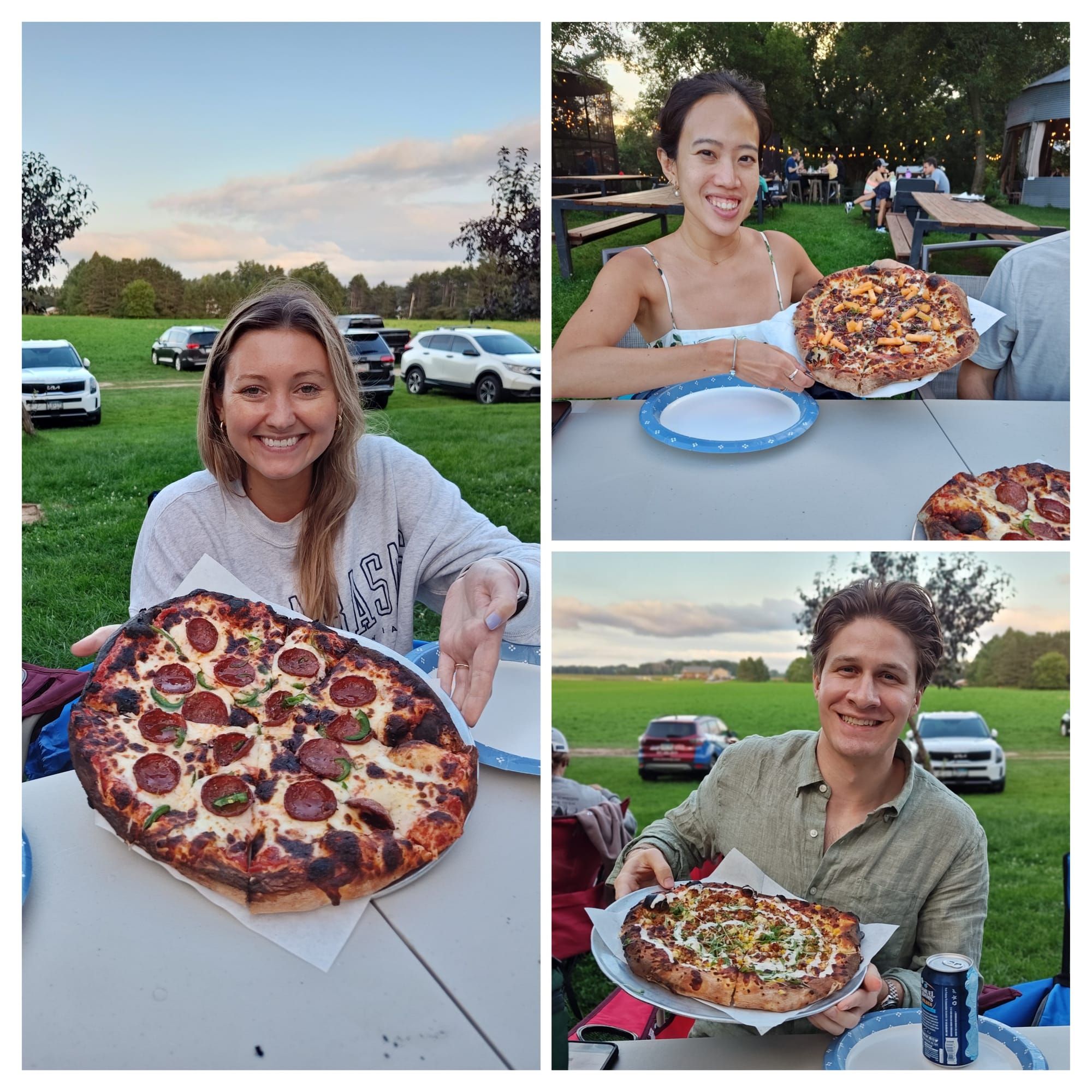 three photos of a person smiling and holding a pizza