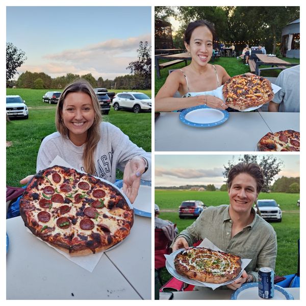 three photos of a person smiling and holding a pizza